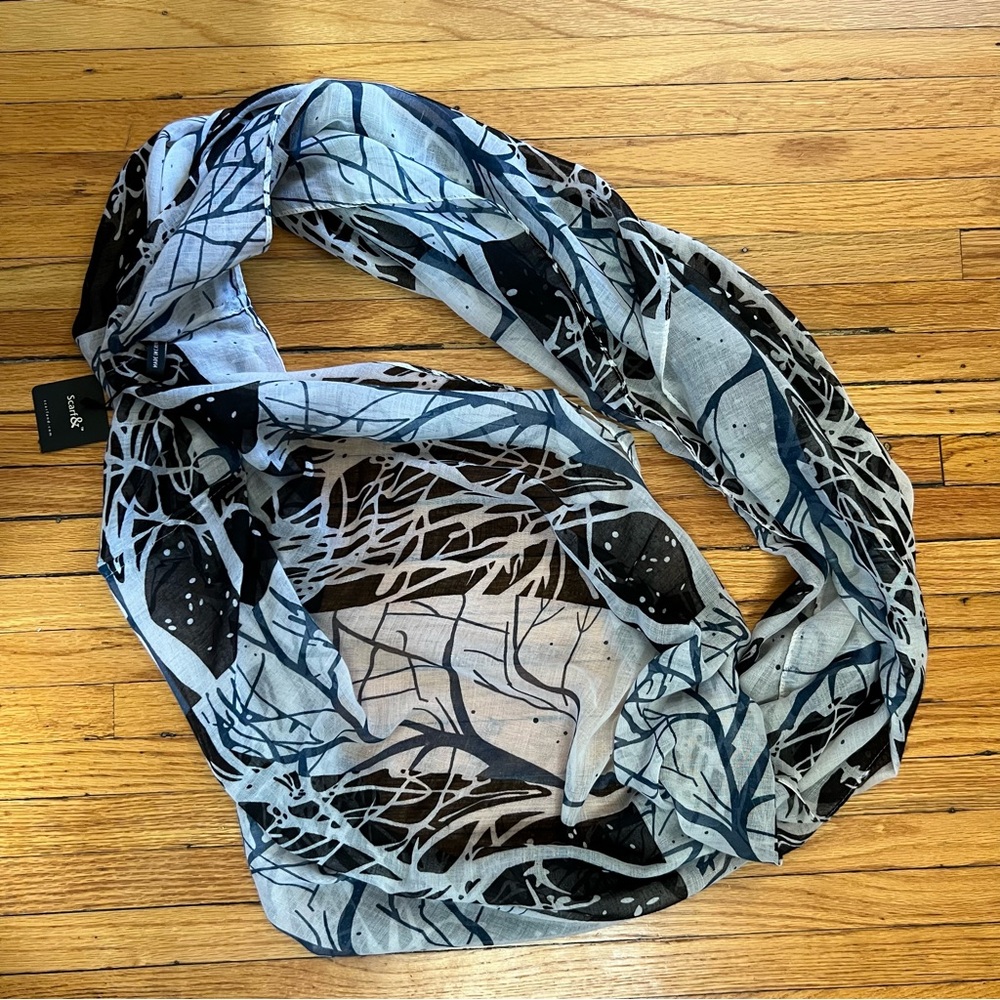 Abstract Branch Print Square Scarf in Black, Gray & White